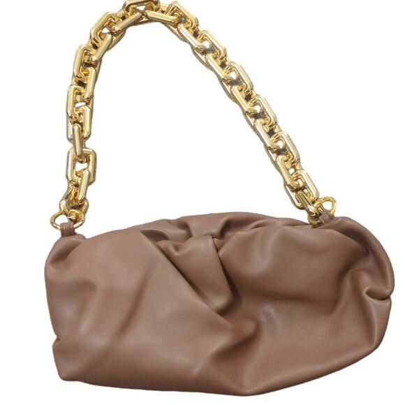 Elegant Tan Purse with Gold Chain Detail Chic Brown & Gold Accent Bag - Picture 2 of 5